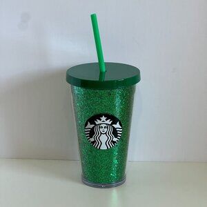 Starbucks 2018 Holiday Green Glitter Straw Cold Cup Travel Tumbler 16 oz Acrylic